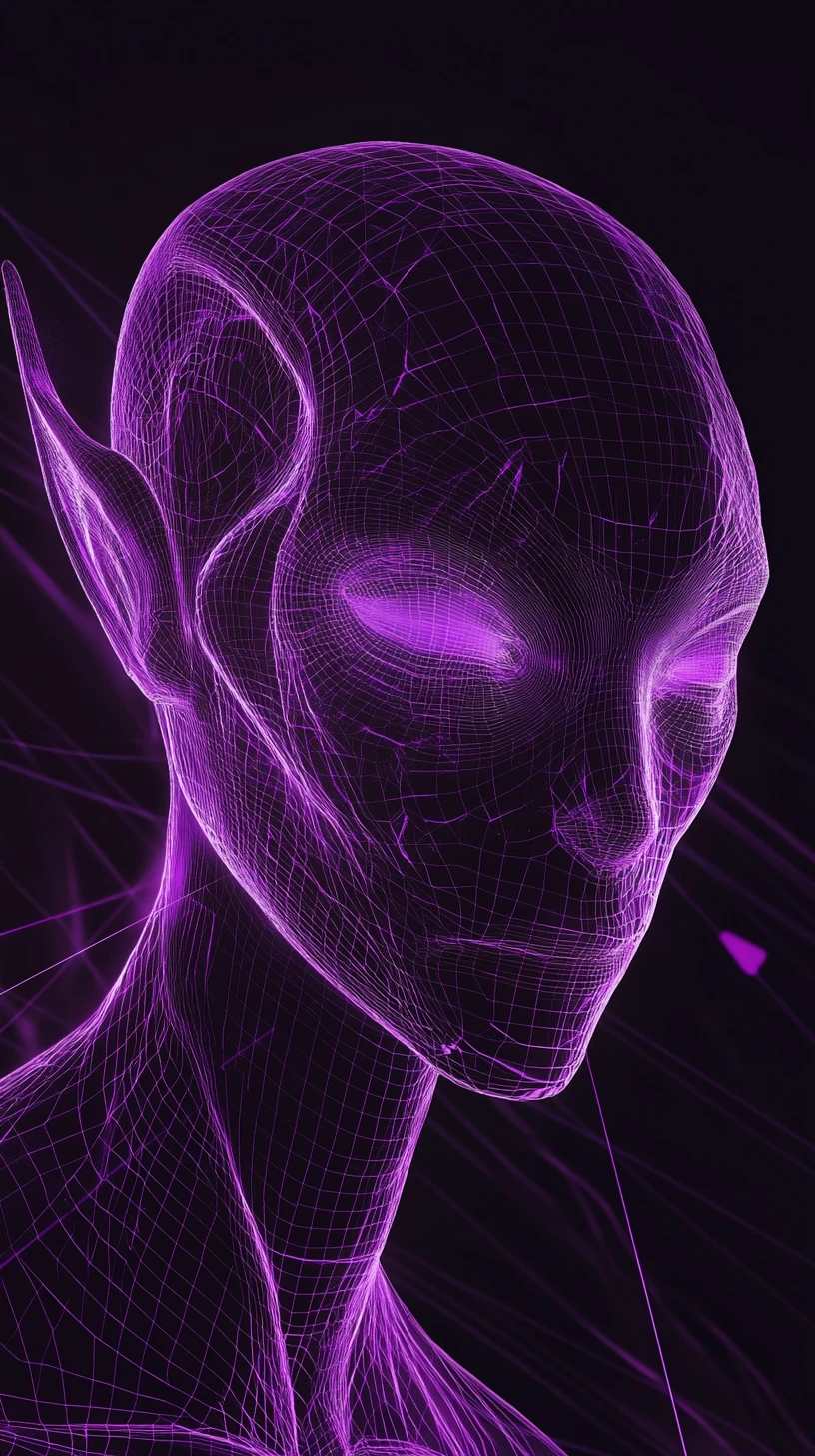 Minimalist neon alien icon on abstract cyber grid background