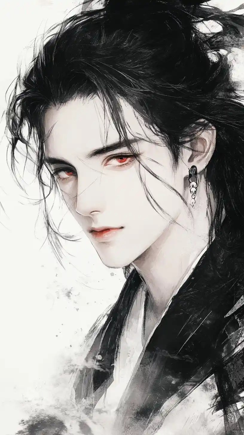 Ethereal Anime Man Portrait With Piercing Red Eyes