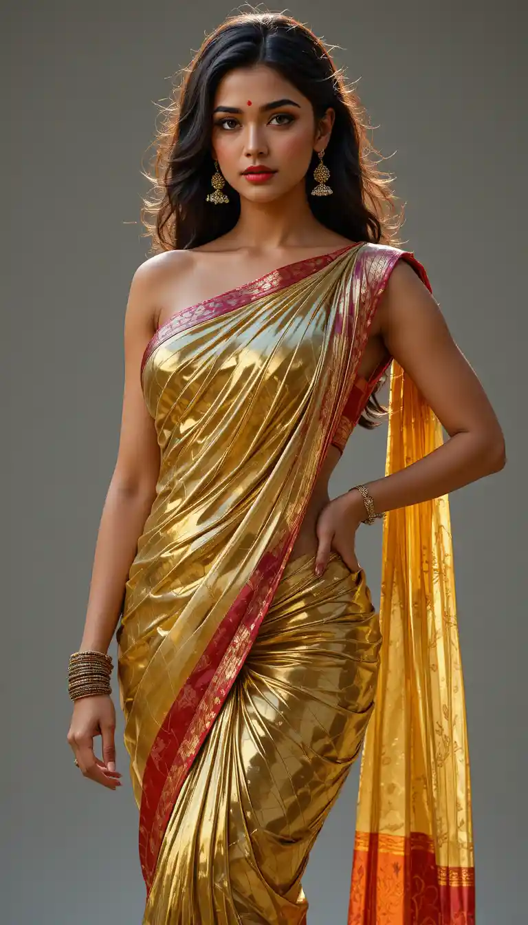 Tamil woman in glossy saree with exposed midriff pose