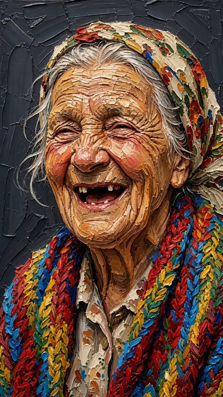 Laughing elderly woman in bright impasto portrait painting