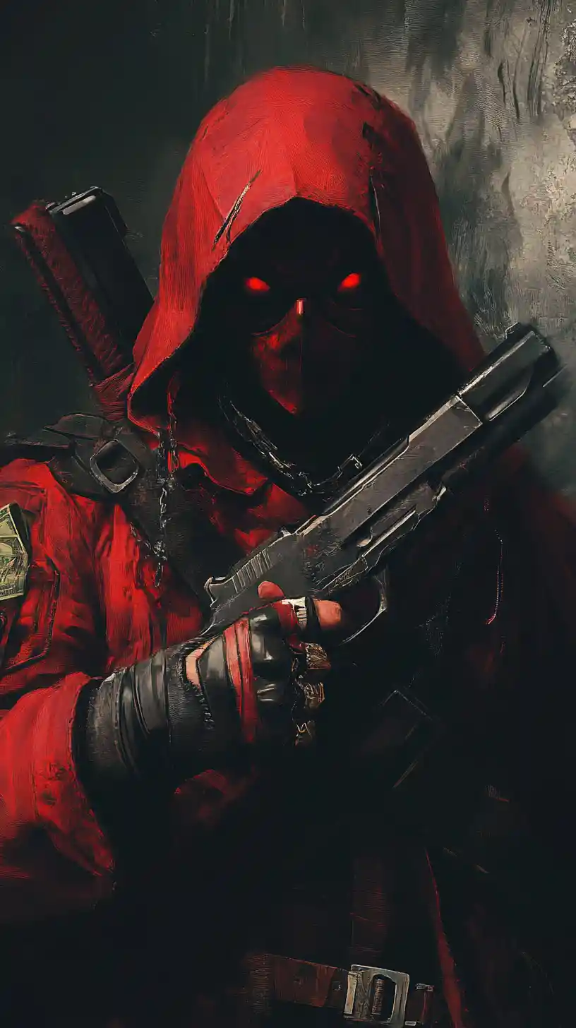 Stylish assassin blasting a trespassing devil figure