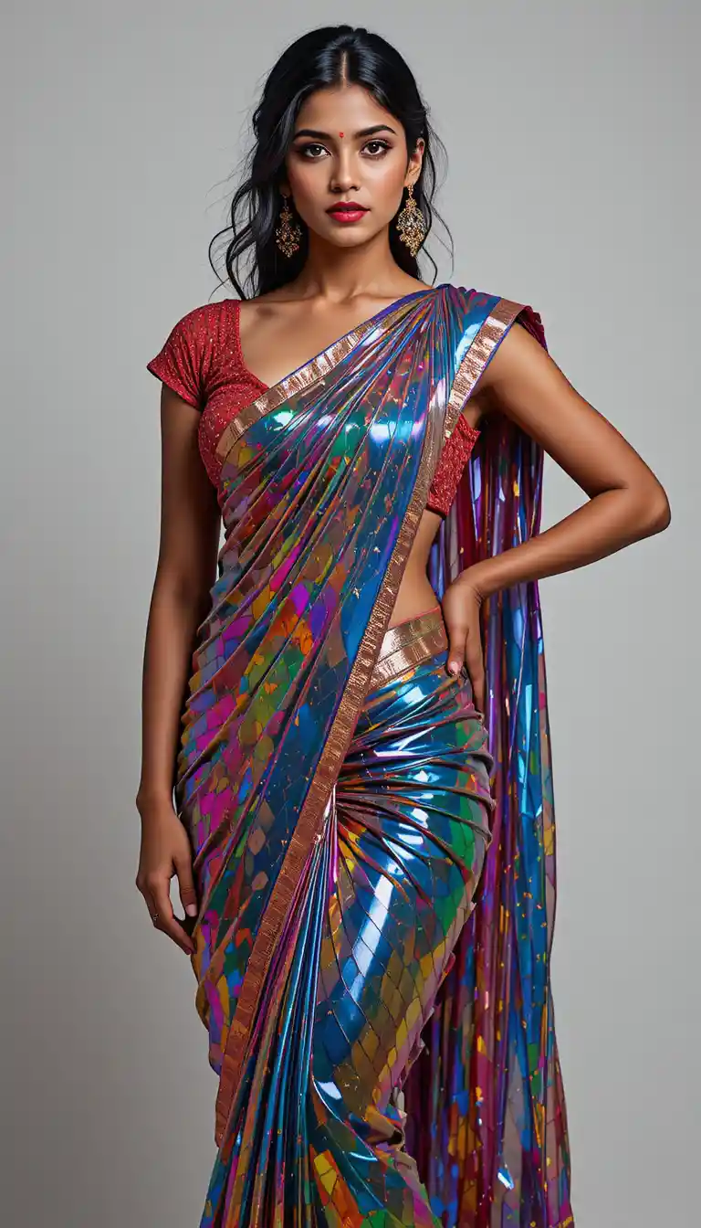 Tamil woman in glossy saree revealing blouse and navel