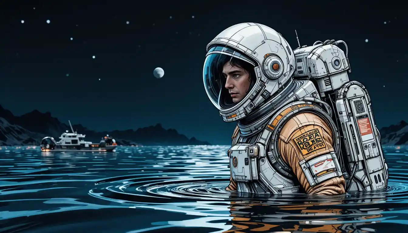 Astronauta che fluttua nel mare oscuro sotto un cielo notturno stellato