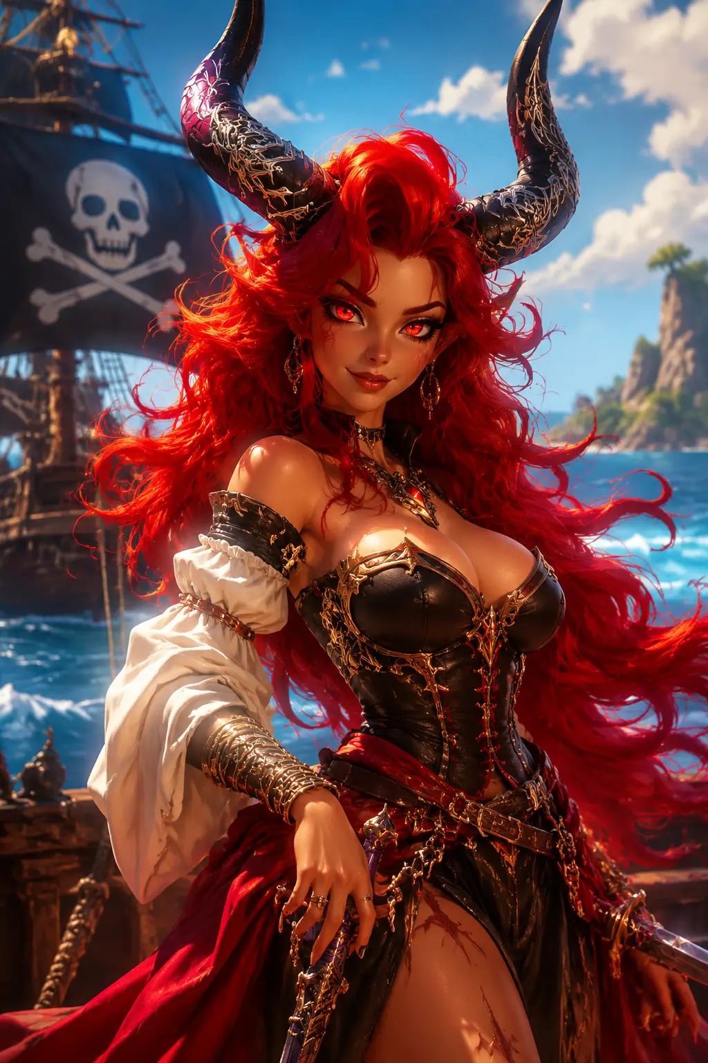 Alluring horned demon pirate woman with flowing red hair