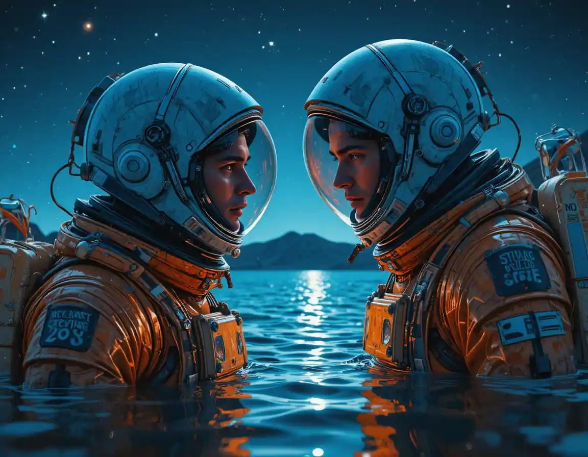 Astronaut Floating In Dark Ocean Under Starry Night Sky