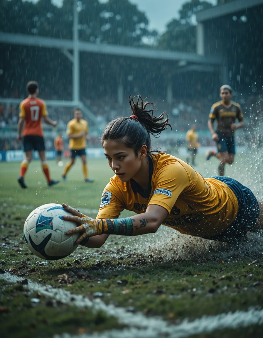 Female goalie diving in the rain to block a crucial shot