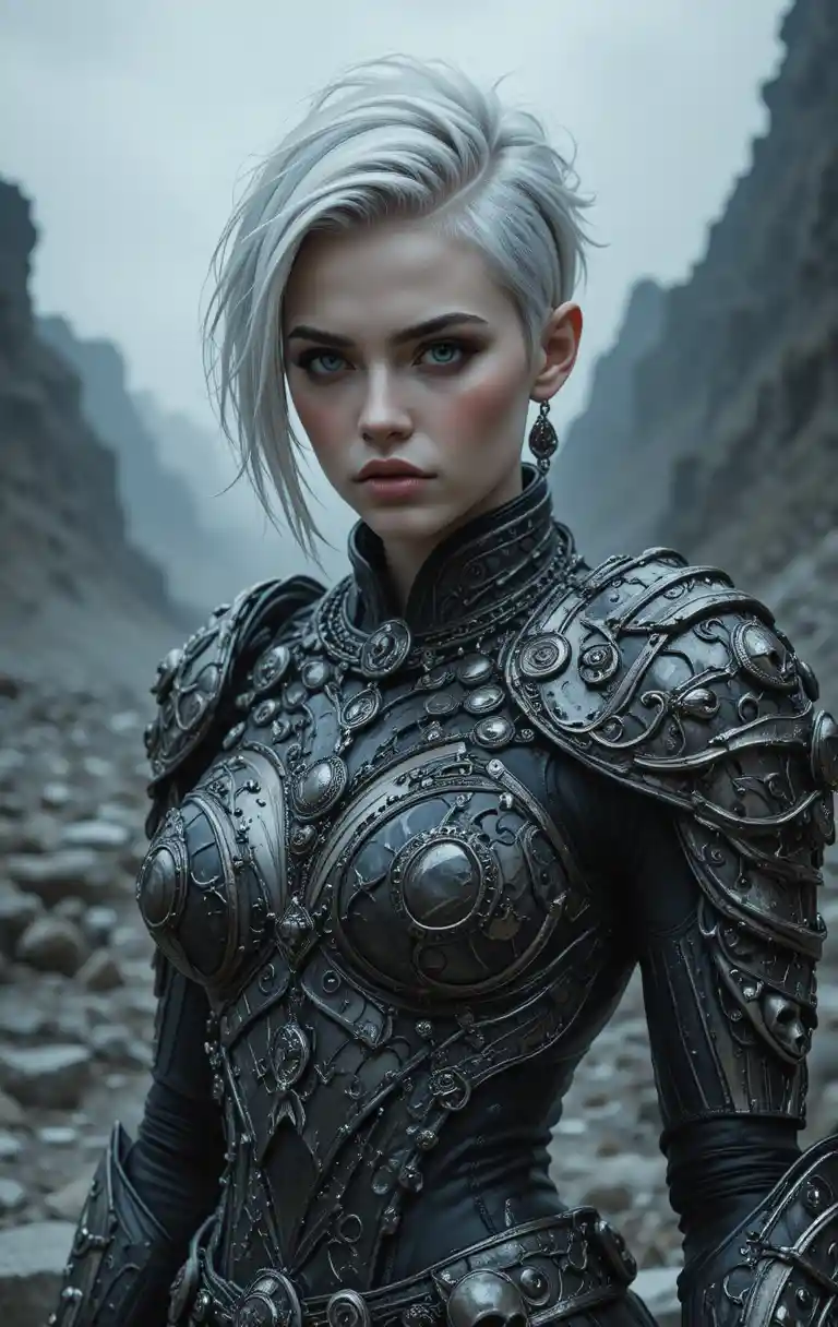 Armored warrior woman in misty rocky fantasy landscape