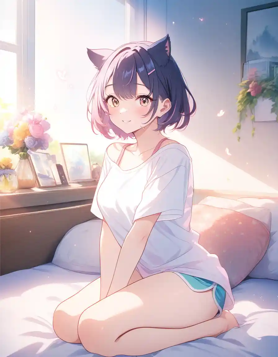 Joyful anime girl jumping in a sunlit bedroom