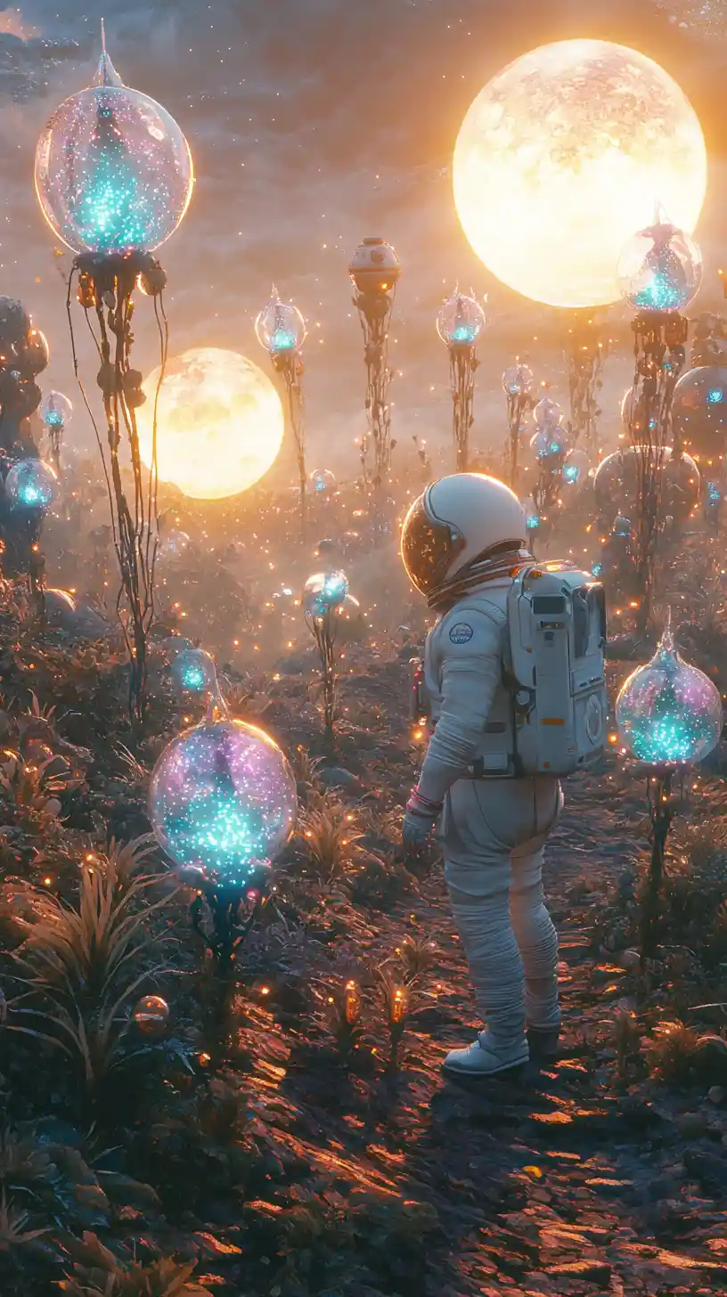 Astronaut Wanders Alone Through Luminous Alien Landscape