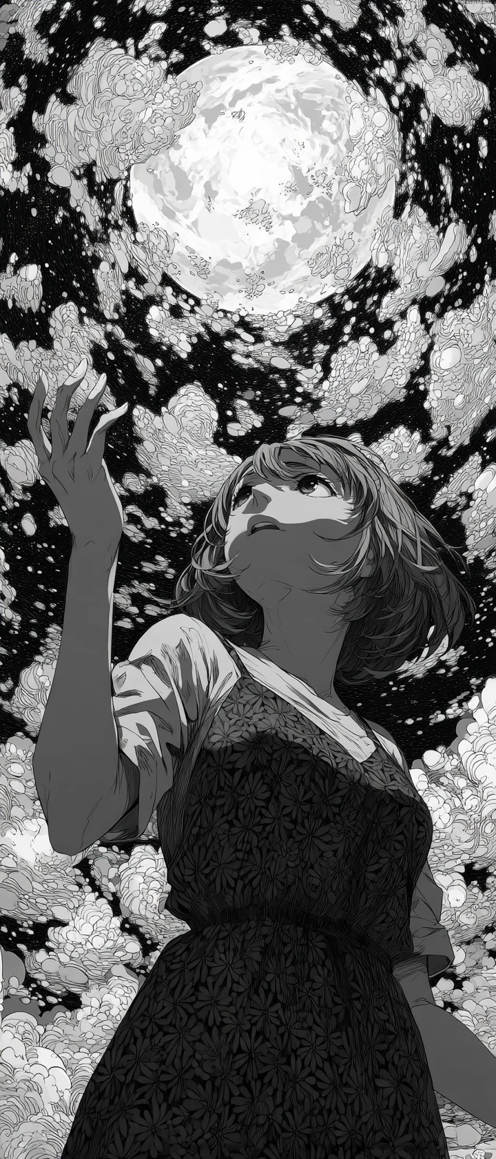 Anime girl reaching toward a colossal glass cosmos barrier