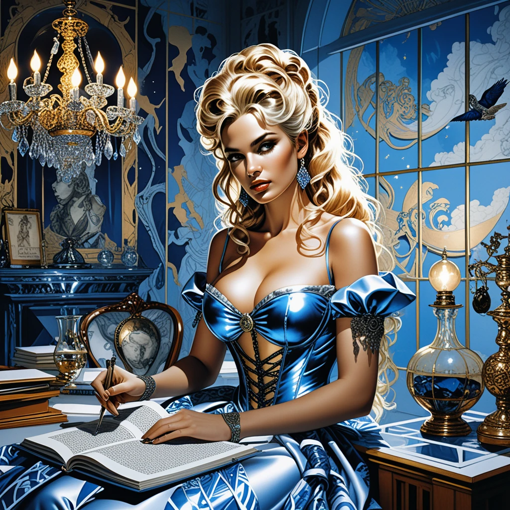 Blonde sorceress cataloguing glowing relics in opulent study