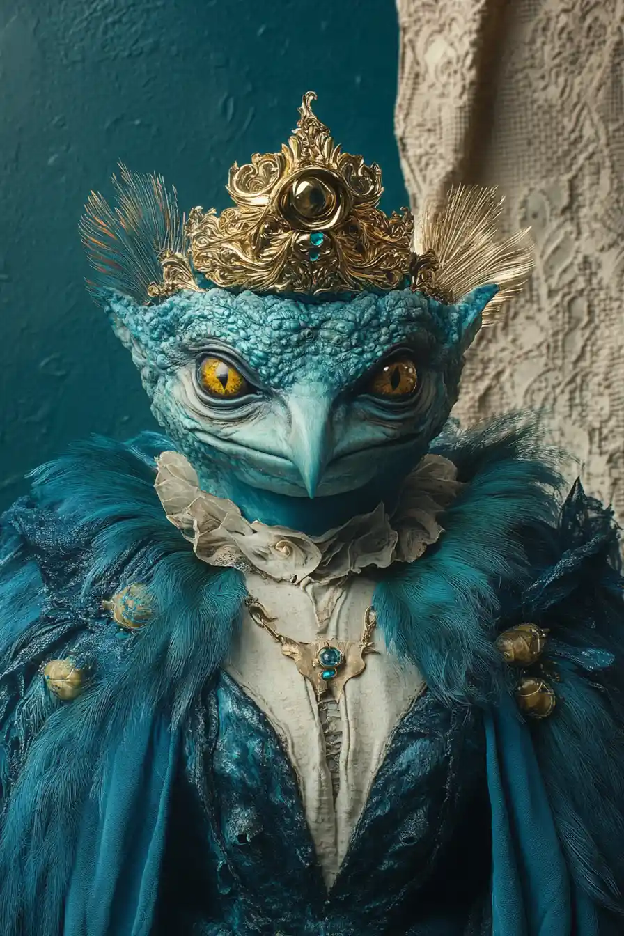 Grumpy teal crowned creature in ornate royal portrait