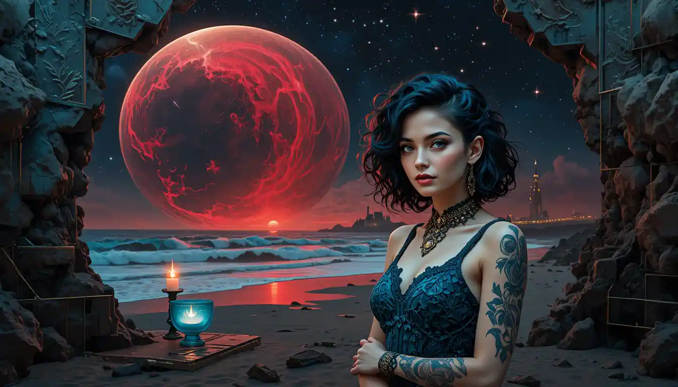 Surreal Woman Before Crimson Planet And Black Sand Shore