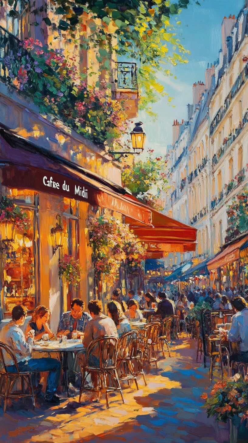 Parisian street cafe at golden hour in warm oil painting