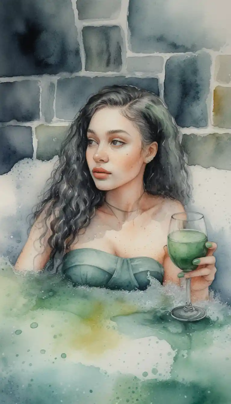 Thoughtful black woman relaxing in a foamy bathtub