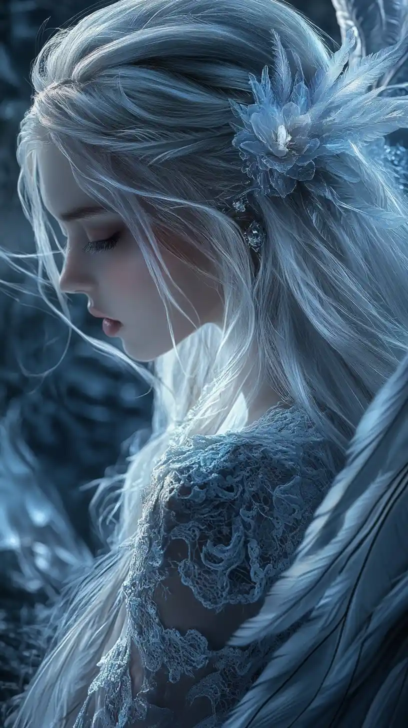 Ethereal angelic woman in a shadowy forest profile