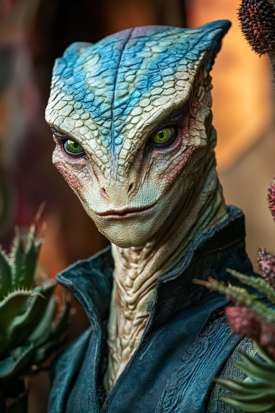 Close up portrait of a stylized reptilian alien with makeup