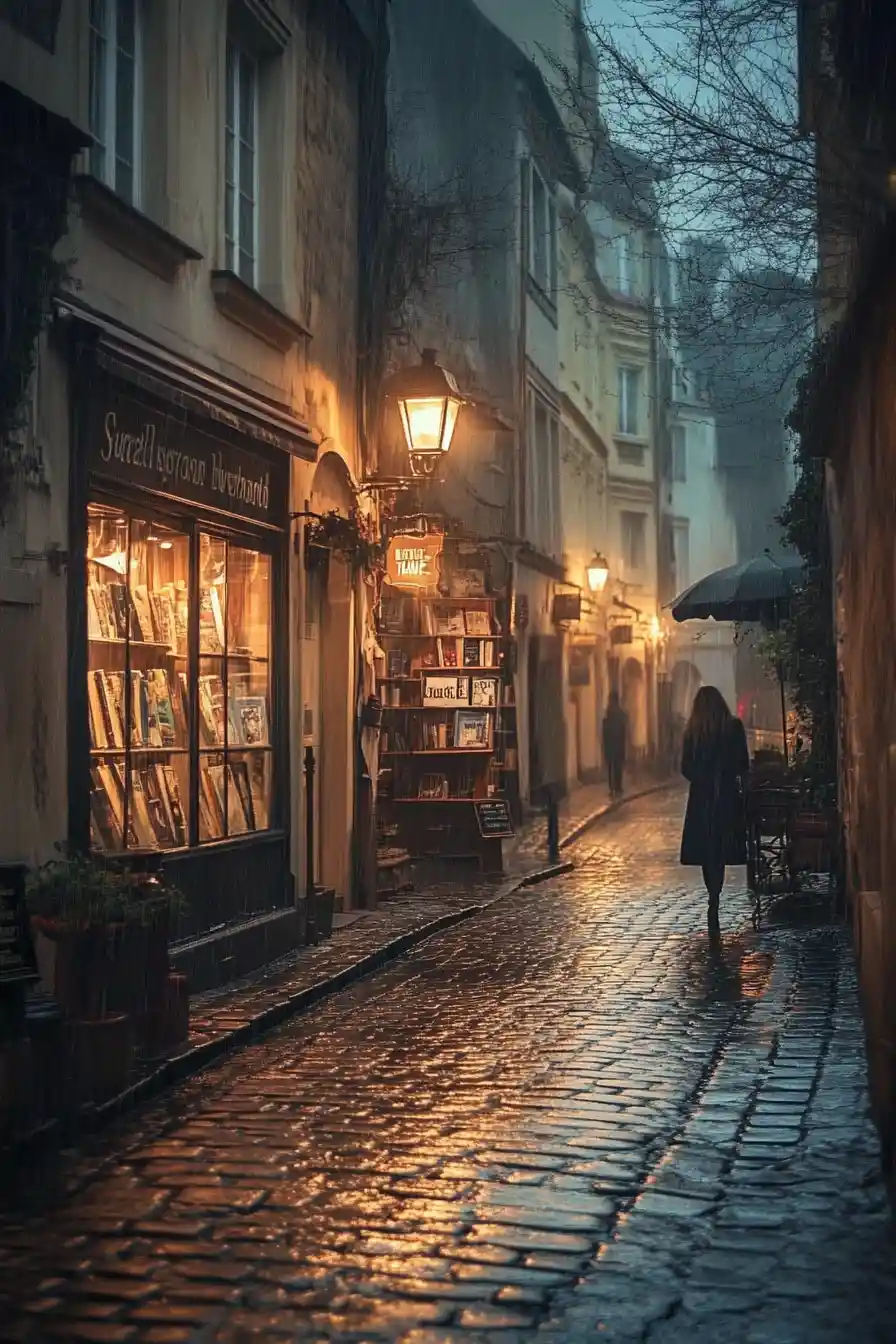 Quiet rainy street with a glowing bookstore window