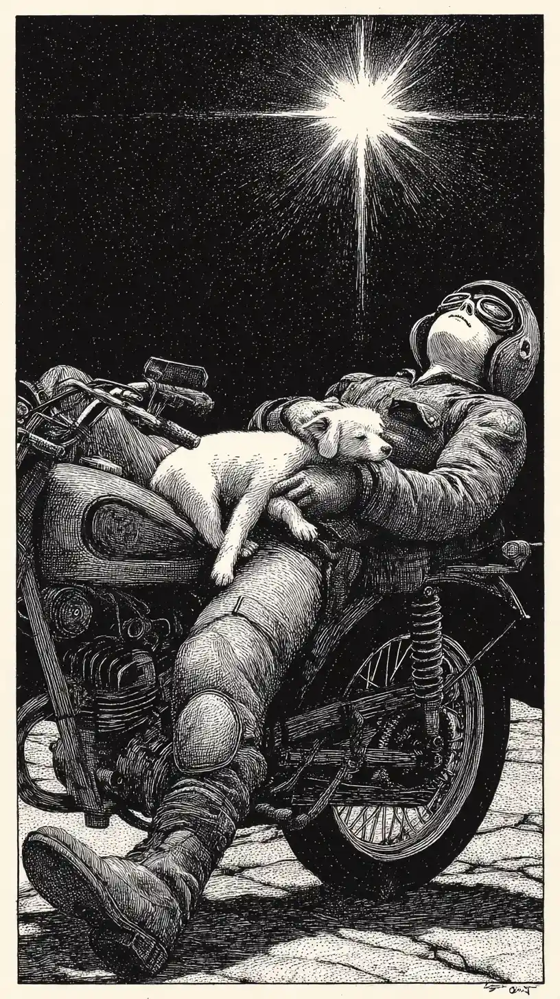 Tired rider sleeping on a vintage motorcycle with puppy