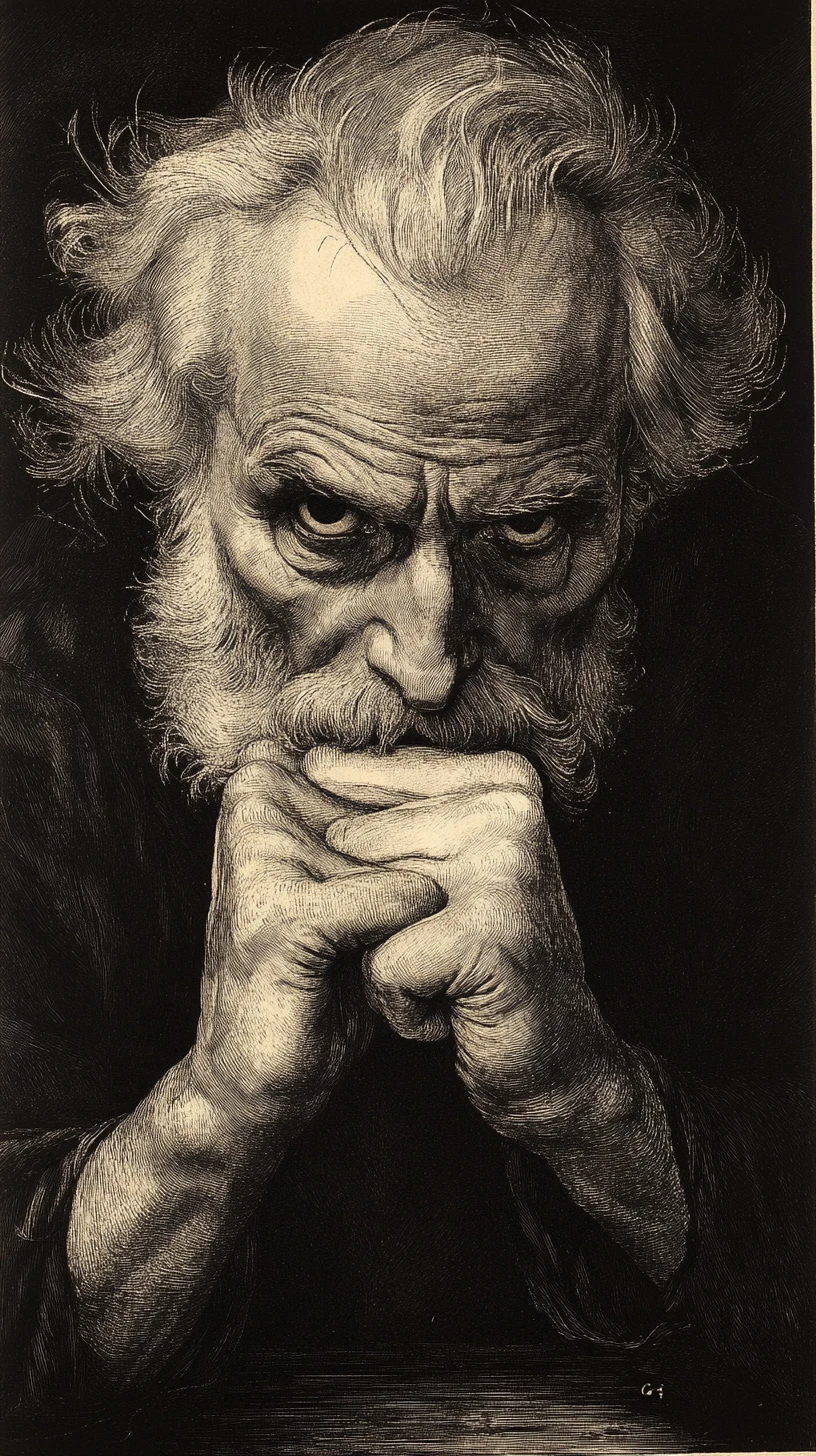 Engraved portrait of a thoughtful old man in deep reflection