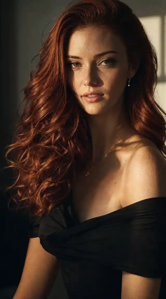 Young woman in sunlight with flowing red hair