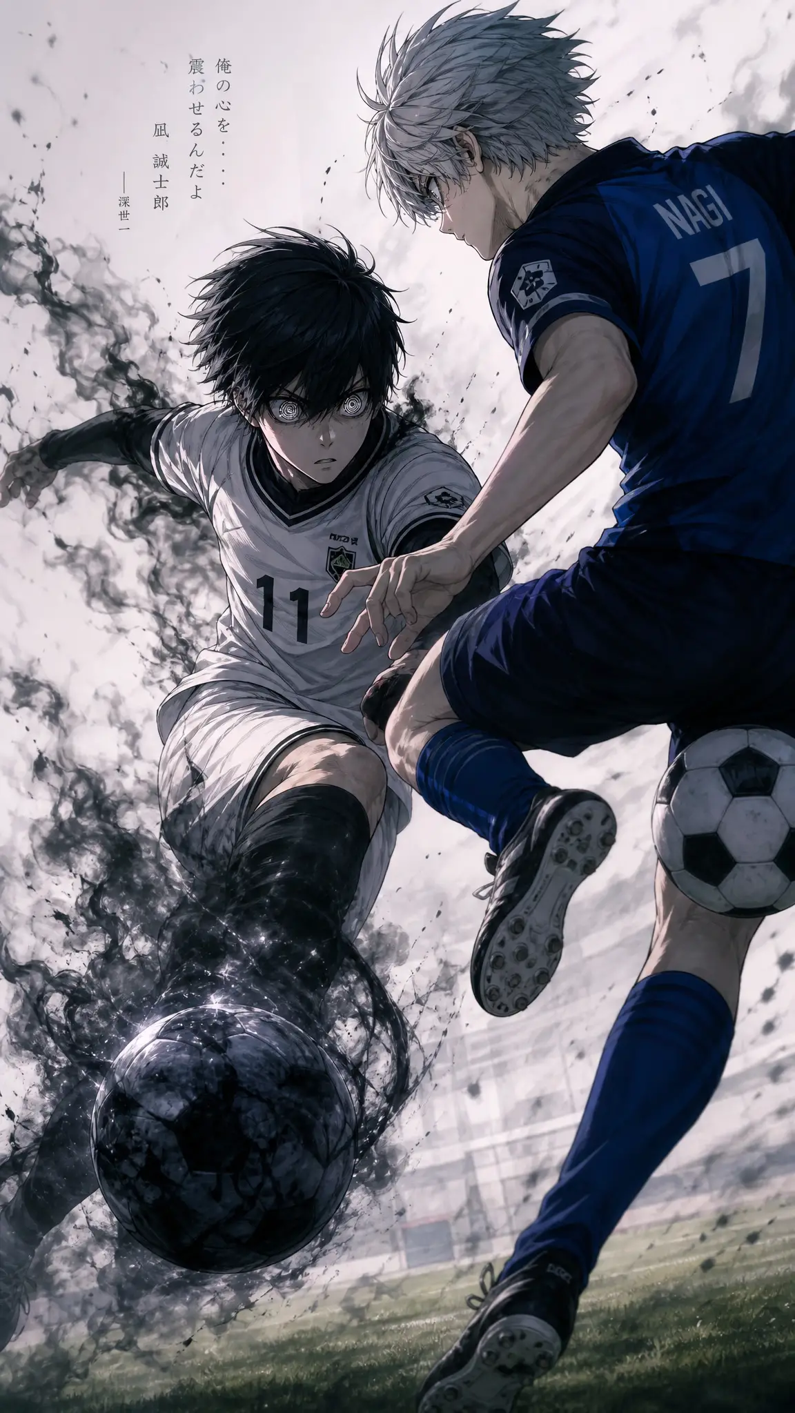Dark haired anime player leaping to kick a soccer ball