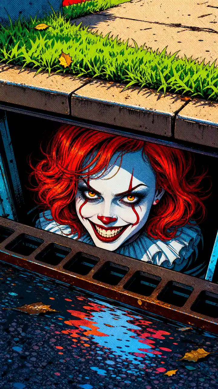 Creepy smiling woman lurking in a dark street sewer