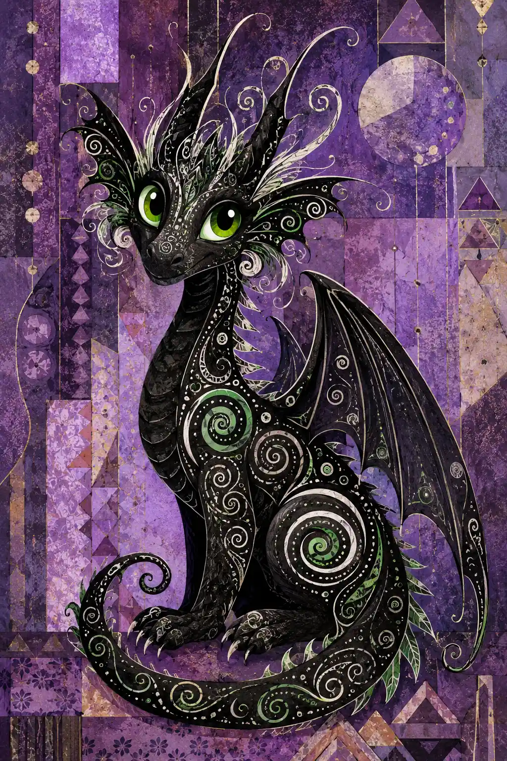 Playful black dragon with neon green eyes on purple