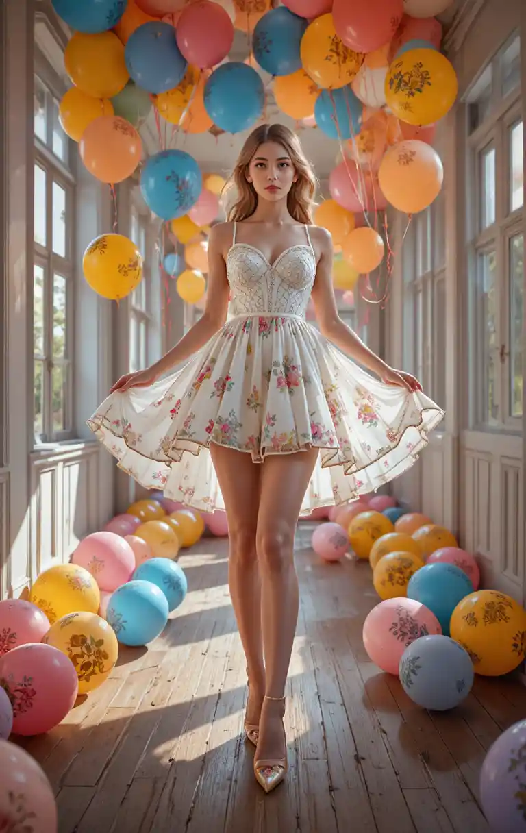 Woman in white fringe dress with balloons in hallway