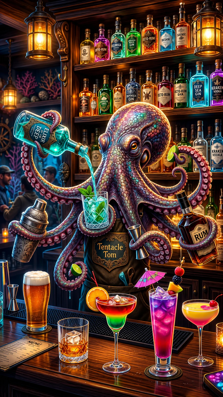 Octopus Bartender Mixing Colorful Cocktails Behind A Busy Bar