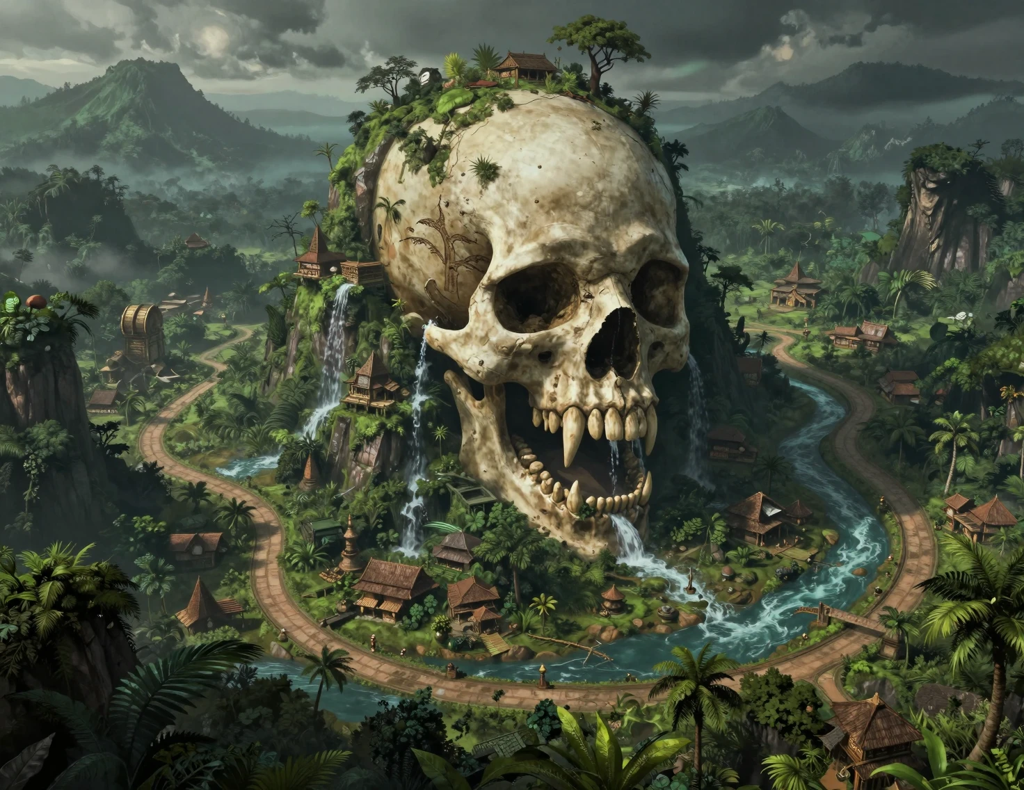 Gigantic Skull Mountain Rising Above Ancient Jungle Villages