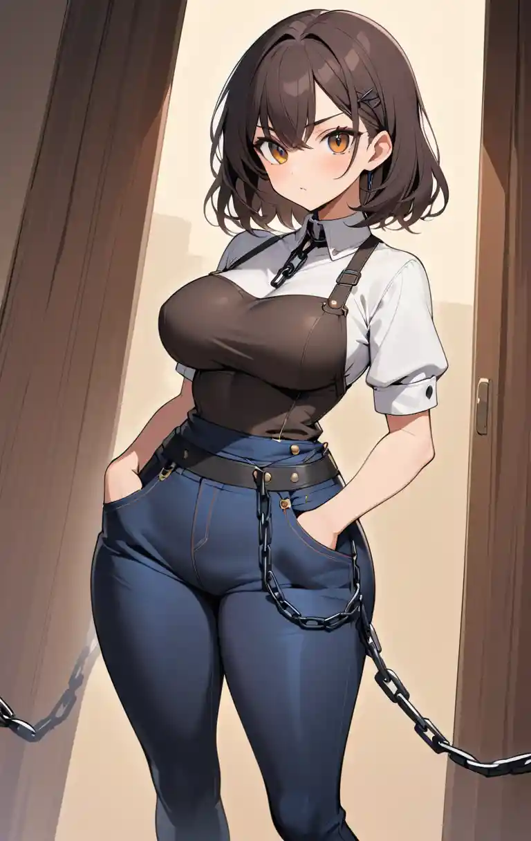 Young woman in tight jeans and fitted apron with chains