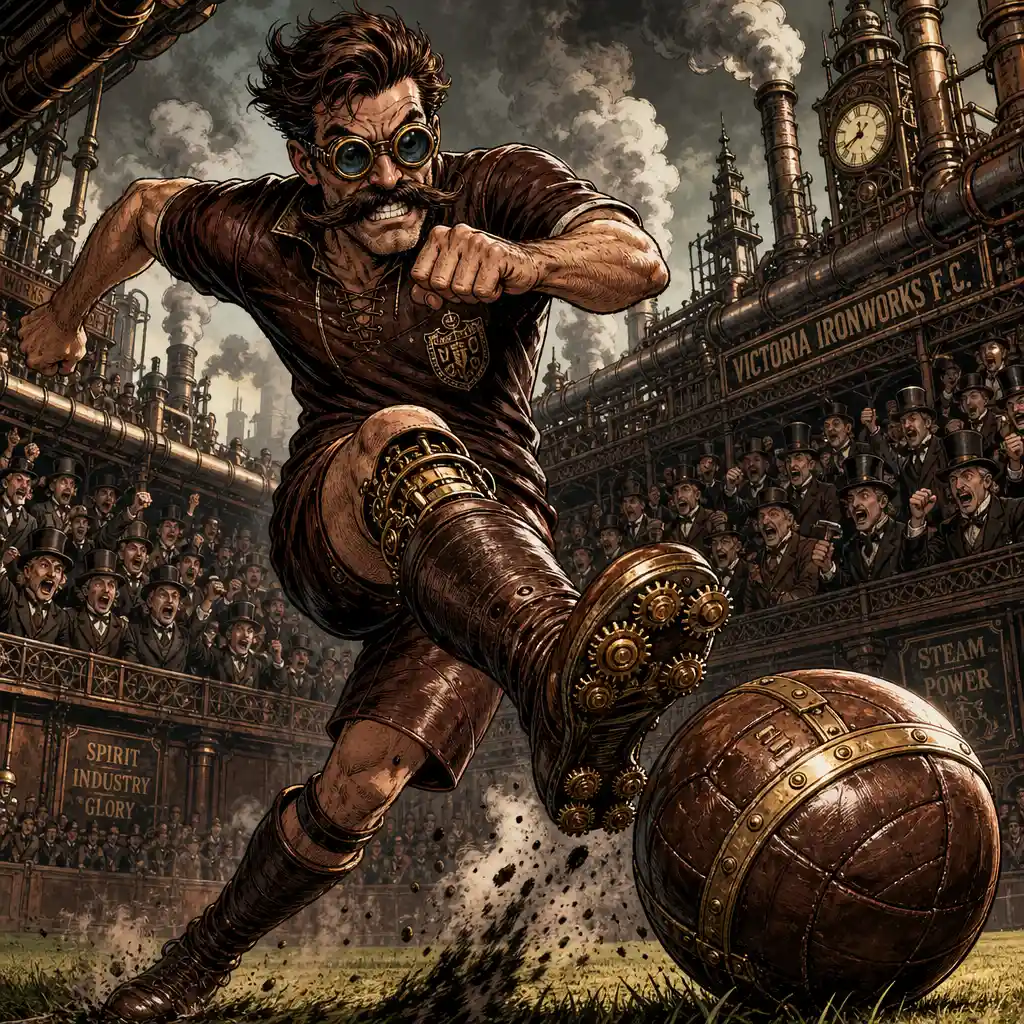 Steampunk soccer player kicking ball in victorian stadium