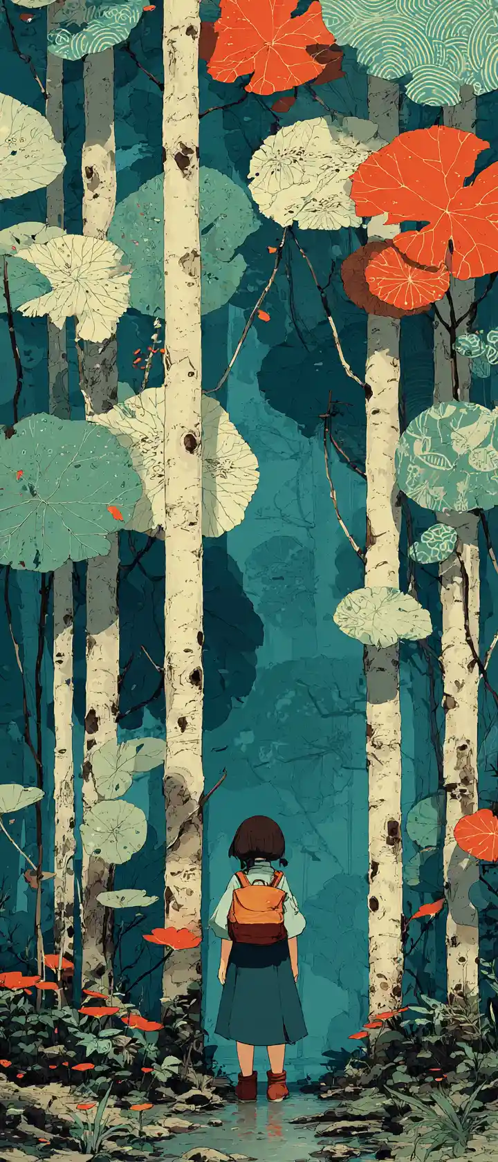 Anime child exploring a tall stylized forest