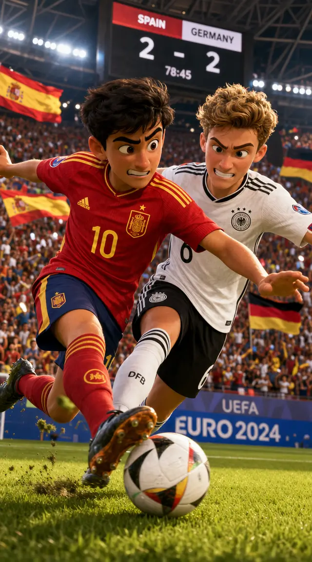 Intense soccer clash between Spain and Germany in stadium