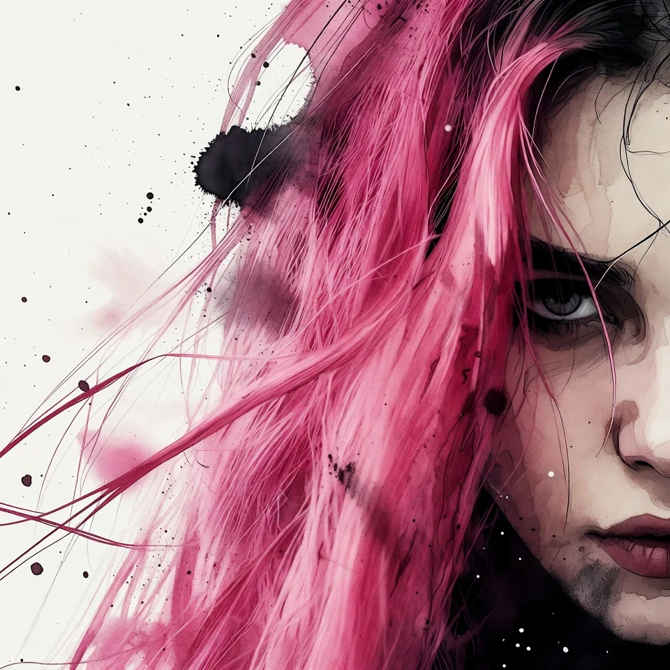 Extreme close up of a pink haired goth rocker girl