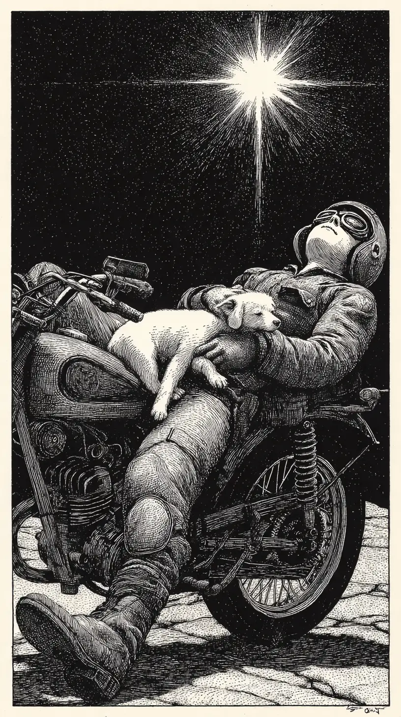Tired rider sleeping on a vintage motorcycle with puppy