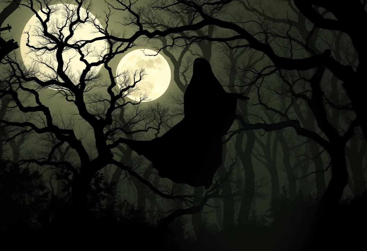 Mystical nun floating calmly in a moonlit ancient forest