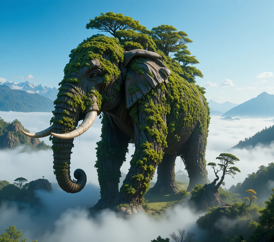 Colossal living tree elephant guardian above misty forest