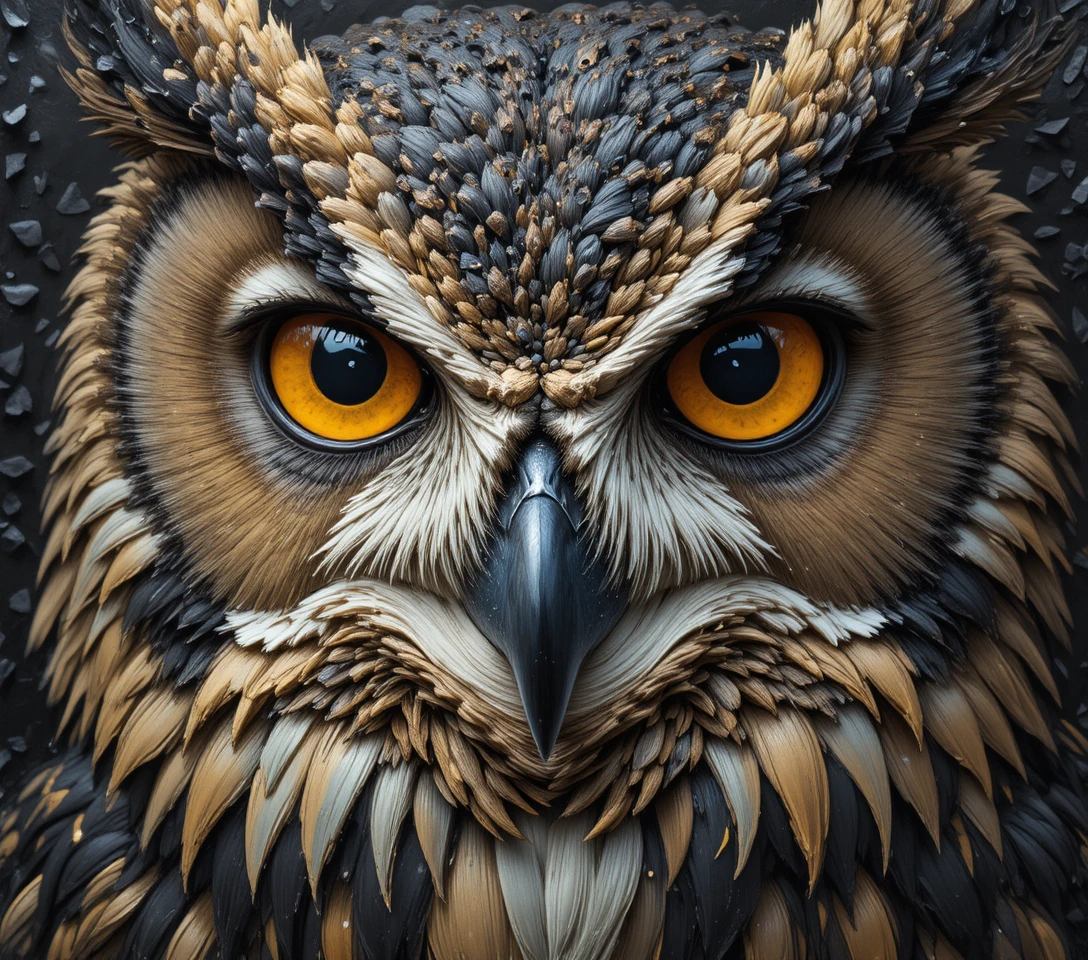Regal owl close up portrait with intense expressive eyes