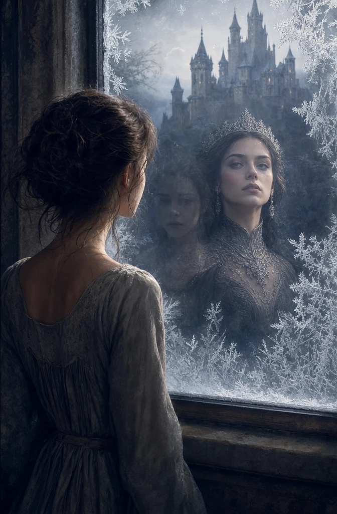 Young woman at frosted window facing distant misty castle