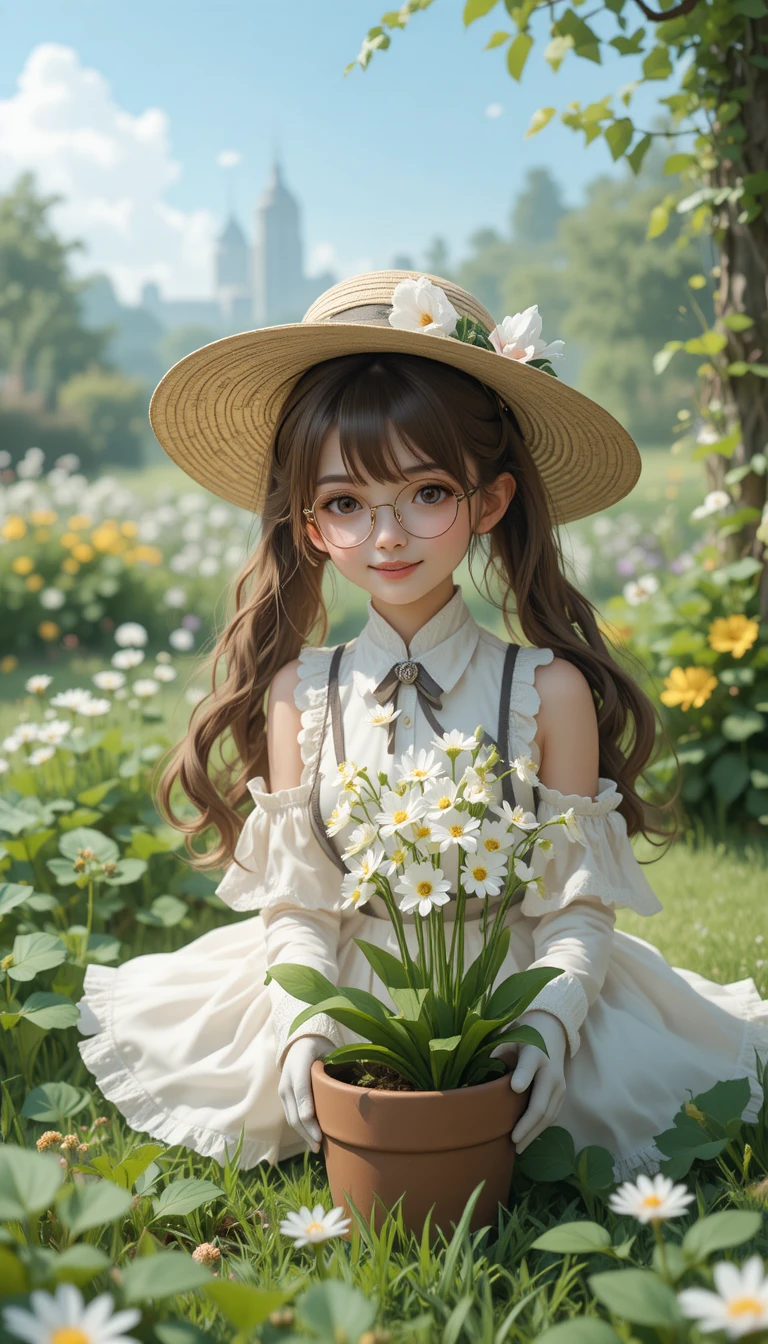 Girl with flowers and watering can in sunny field