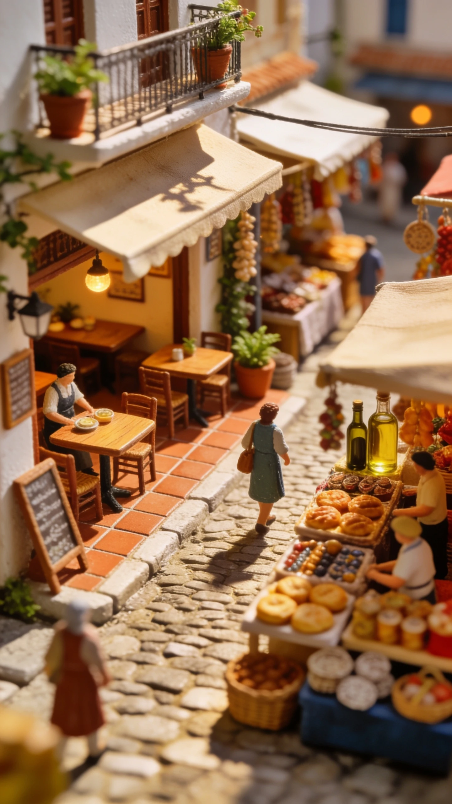Miniaturmenschen in einem gemütlichen griechischen Café und Straßenmarkt