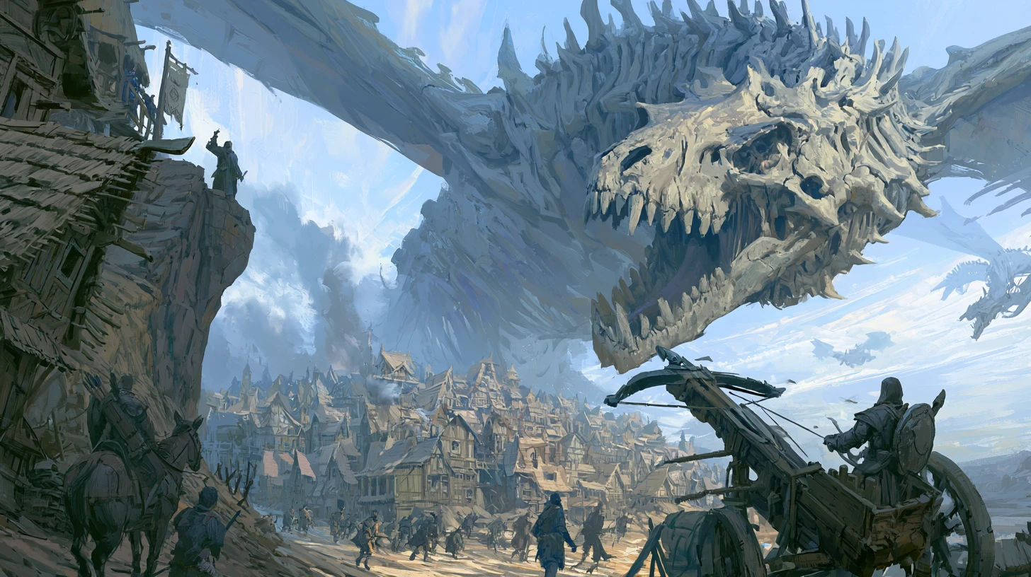 Bone dragon attacking an ancient village in dark fantasy