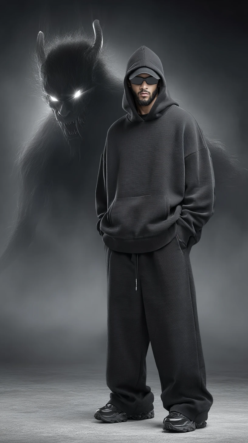 Cinematic portrait of man in black streetwear with smoke demon