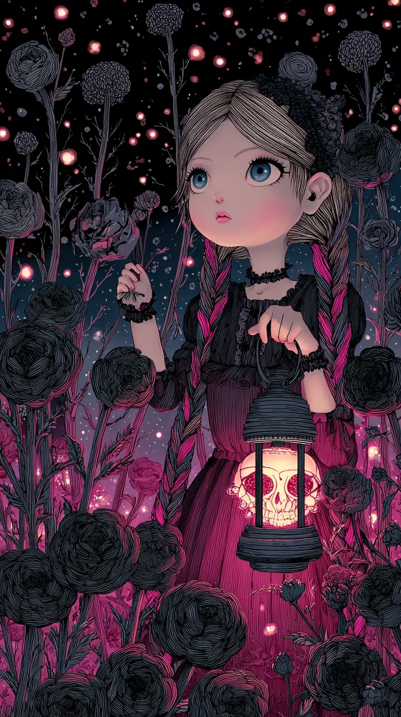 Whimsical gothic girl with lantern in black rose field