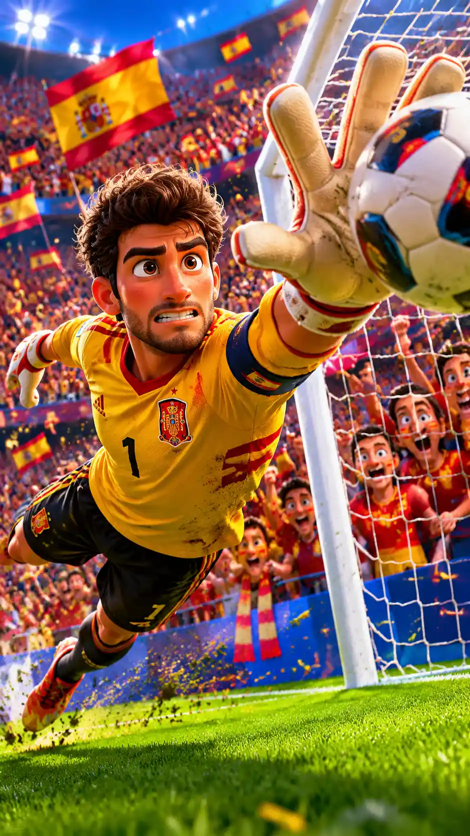Spanish goalkeeper stopping a shot in a crowded stadium