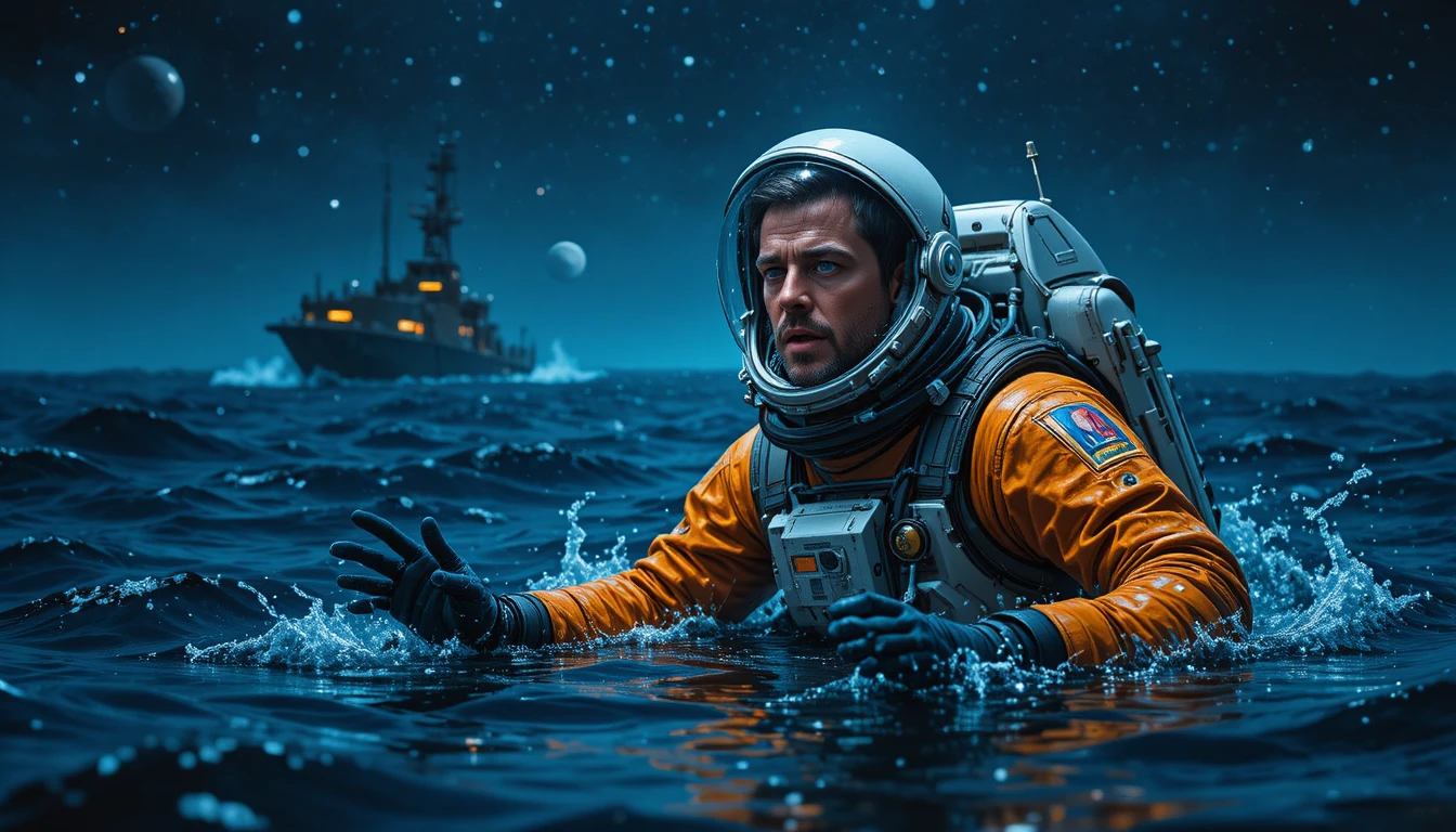 Astronaut in orange life vest floating alone in dark ocean