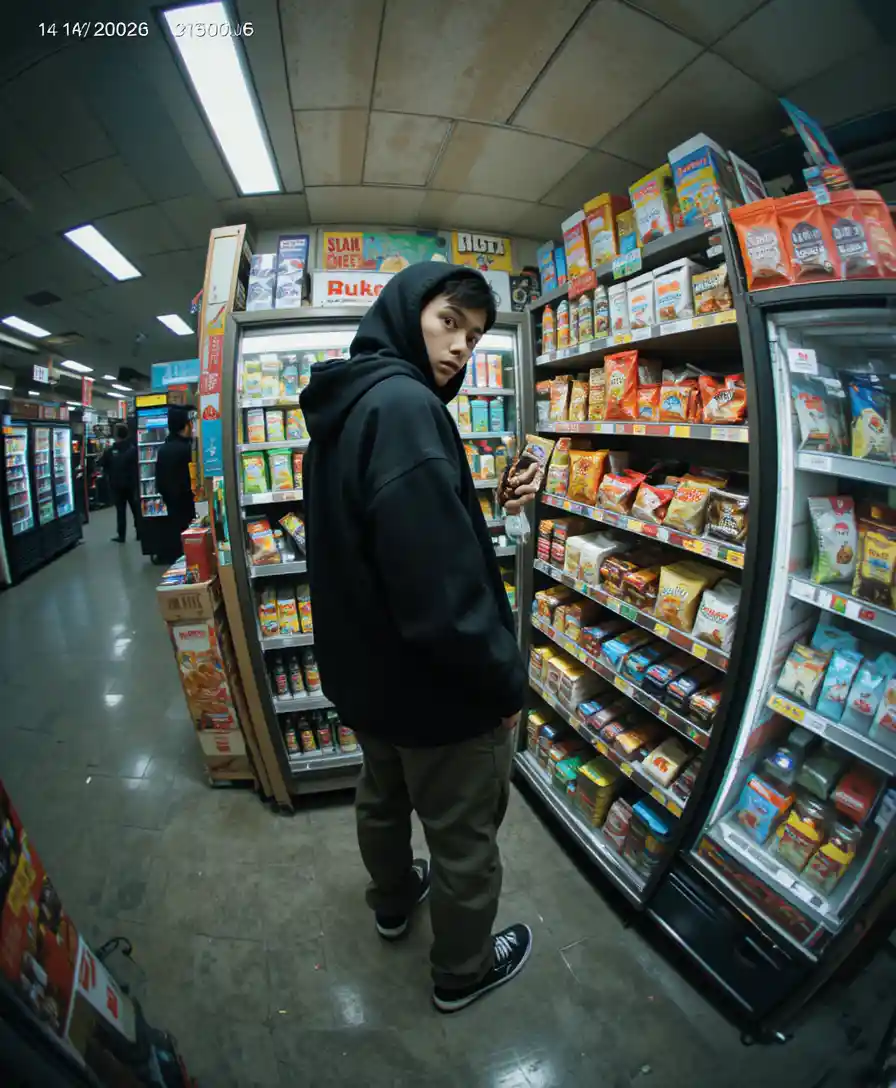 CCTV view of youth in hoodie at night convenience store