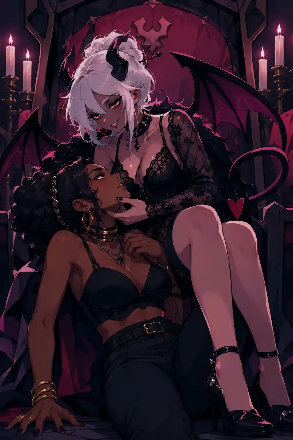 Dark skin woman facing a teasing horned demon